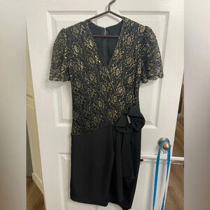 Vintage Unbranded Black Gold Lace Formal Party Dress 80s Prom 32 In Waist 8-10